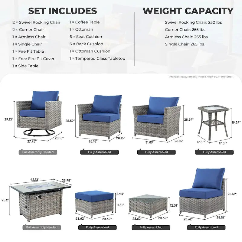 HOOOWOOO 10-piece Wicker Patio Furniture Outdoor Sectional Sofa Set with Fire Pit