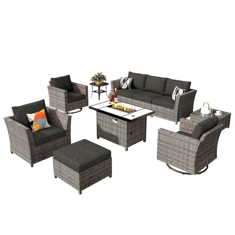 HOOOWOOO 10-piece Wicker Patio Furniture Outdoor Sectional Sofa Set with Fire Pit