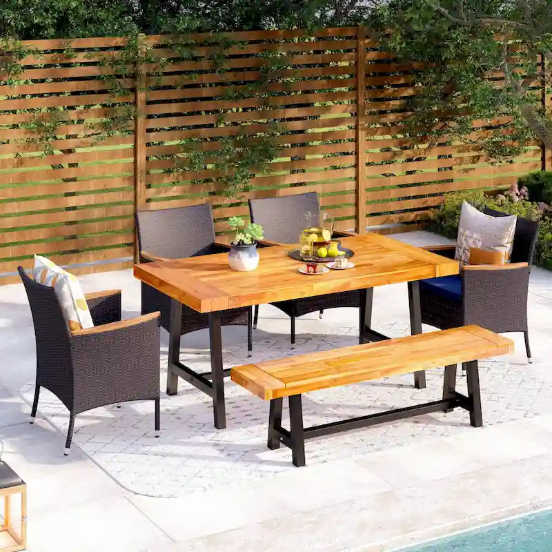 MAISON ARTS 6-Piece Acacia Wood/Rattan Cushioned Patio Dining Set
