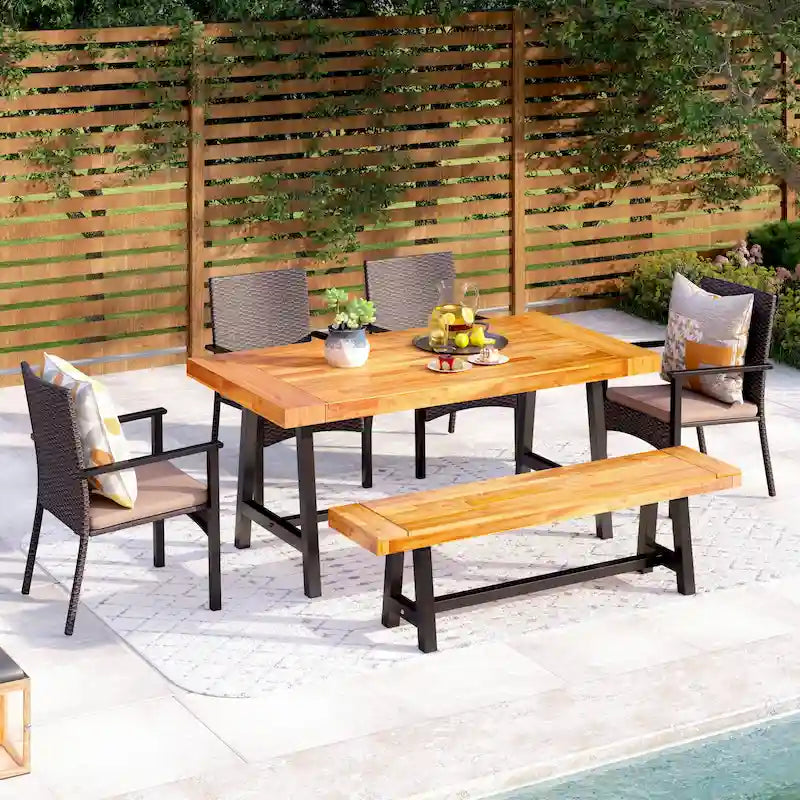 MAISON ARTS 6-Piece Acacia Wood/Rattan Cushioned Patio Dining Set