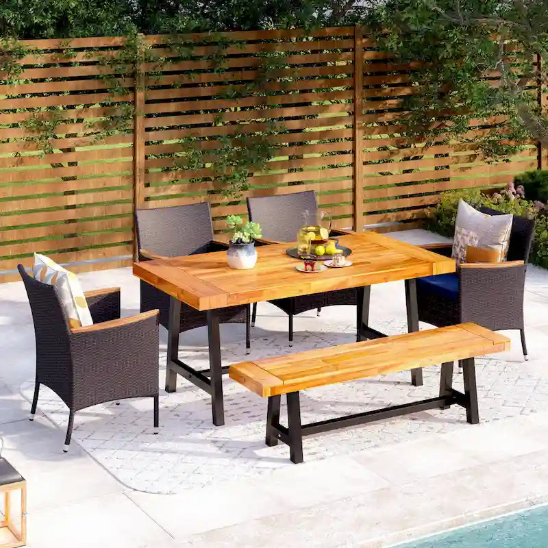 MAISON ARTS 6-Piece Acacia Wood/Rattan Cushioned Patio Dining Set