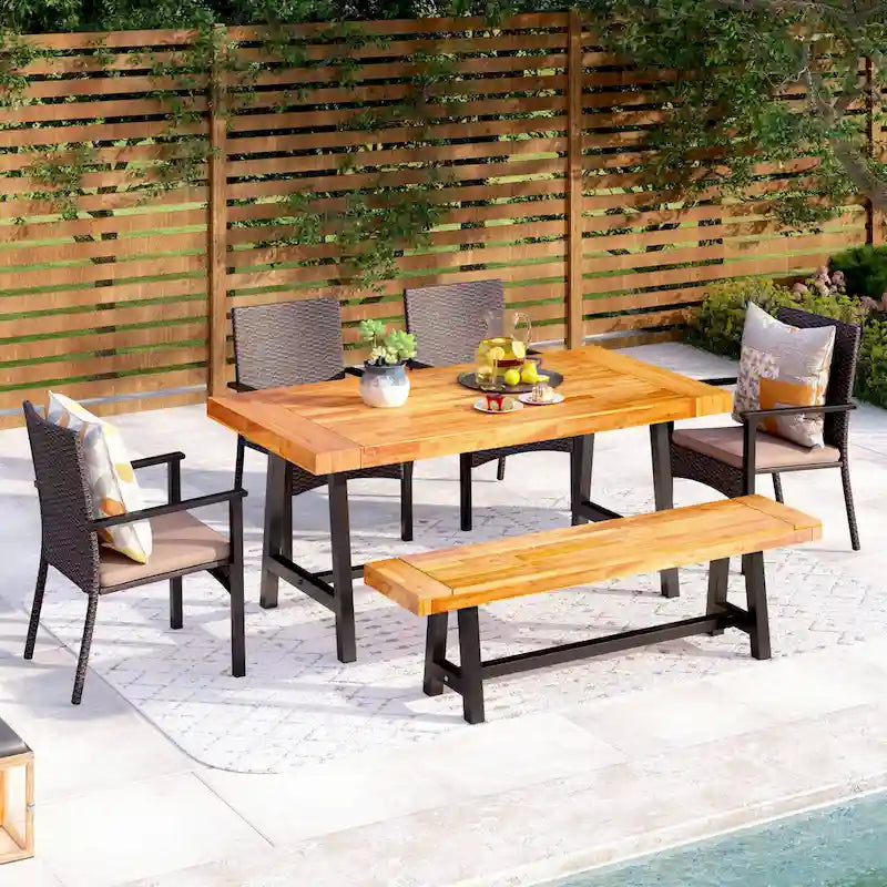 MAISON ARTS 6-Piece Acacia Wood/Rattan Cushioned Patio Dining Set