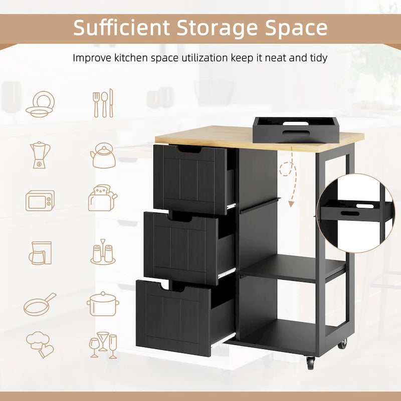 Futzca Kitchen Island Cart with 3 Open Shelves and 3 Drawers - N/A
