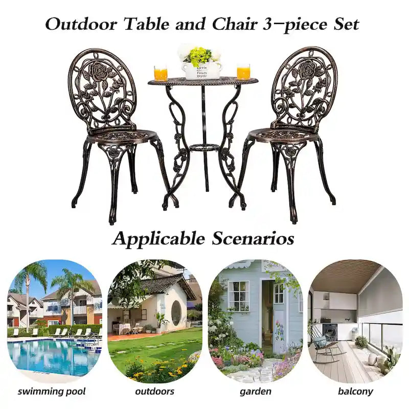 HOMEFUN Bistro Table Set,Rose 3 Piece, Outdoor Patio Table and Chairs Furniture, Durable Rust Weather Resistance
