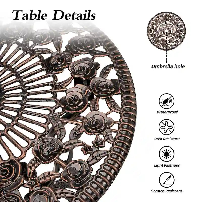 HOMEFUN Bistro Table Set,Rose 3 Piece, Outdoor Patio Table and Chairs Furniture, Durable Rust Weather Resistance