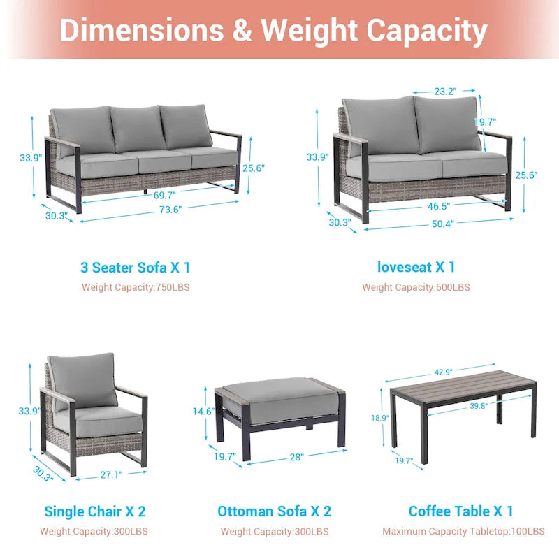 Outdoor 7 Pieces Rattan Patio Set with 3-Seater Sofa, Thickening Cushions with Coffee Table and Sturdy Frame