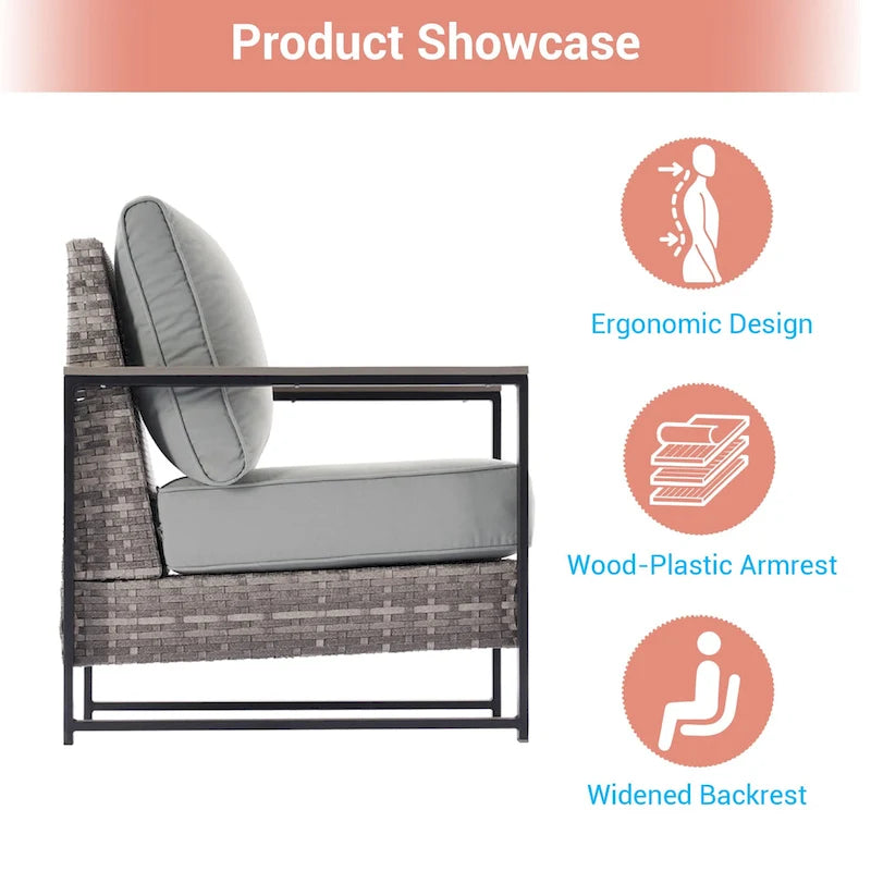 Outdoor 7 Pieces Rattan Patio Set with 3-Seater Sofa, Thickening Cushions with Coffee Table and Sturdy Frame