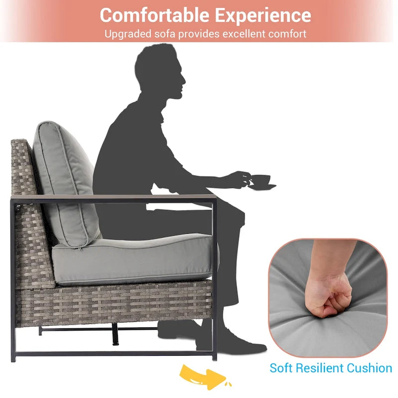 Outdoor 7 Pieces Rattan Patio Set with 3-Seater Sofa, Thickening Cushions with Coffee Table and Sturdy Frame