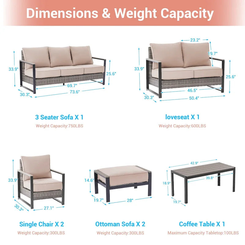 Outdoor 7 Pieces Rattan Patio Set with 3-Seater Sofa, Thickening Cushions with Coffee Table and Sturdy Frame