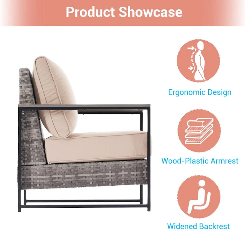 Outdoor 7 Pieces Rattan Patio Set with 3-Seater Sofa, Thickening Cushions with Coffee Table and Sturdy Frame