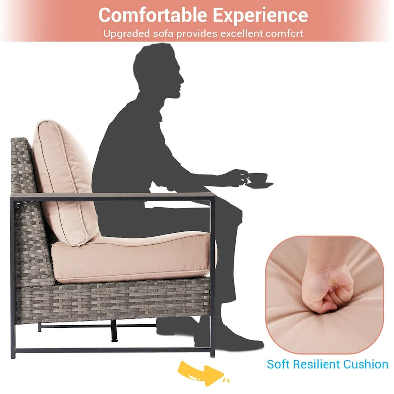 Outdoor 7 Pieces Rattan Patio Set with 3-Seater Sofa, Thickening Cushions with Coffee Table and Sturdy Frame