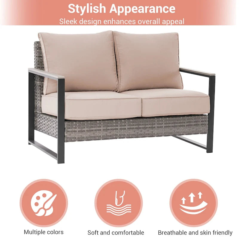 Outdoor 7 Pieces Rattan Patio Set with 3-Seater Sofa, Thickening Cushions with Coffee Table and Sturdy Frame
