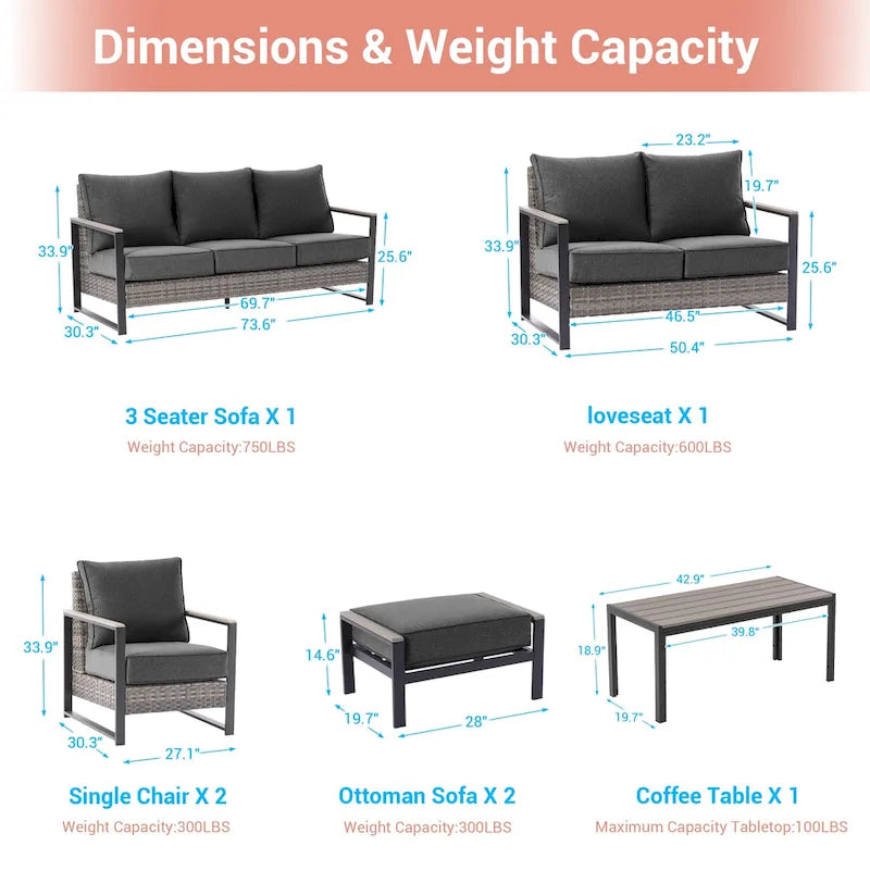 Outdoor 7 Pieces Rattan Patio Set with 3-Seater Sofa, Thickening Cushions with Coffee Table and Sturdy Frame