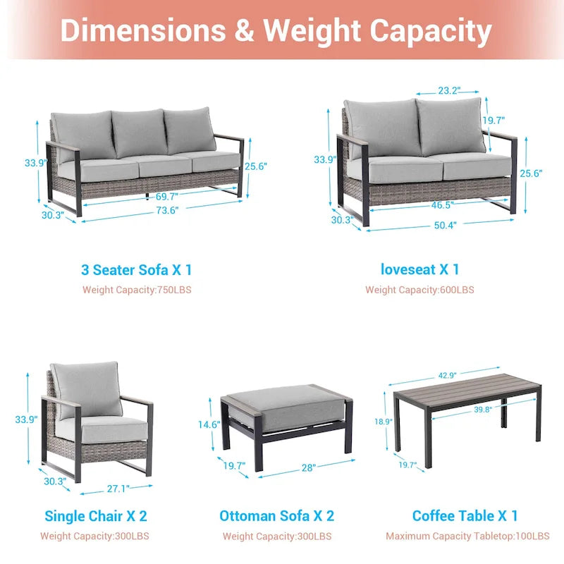Outdoor 7 Pieces Rattan Patio Set with 3-Seater Sofa, Thickening Cushions with Coffee Table and Sturdy Frame