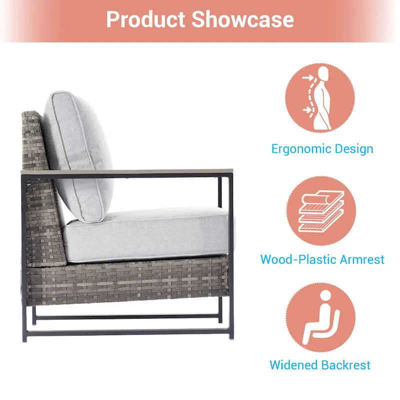 Outdoor 7 Pieces Rattan Patio Set with 3-Seater Sofa, Thickening Cushions with Coffee Table and Sturdy Frame