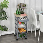 HOMCOM 32.25 Wooden Rolling Kitchen Storage Cart on 360-deg Swivel Wheels with Ample Storage Space & Solid Structure
