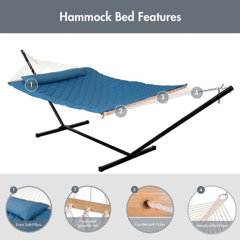 Double Hammock with Stand Included, Rope Hammock with Detachable Pillow and Hammock Pad, 450 LBS Weight Capacity, Blue
