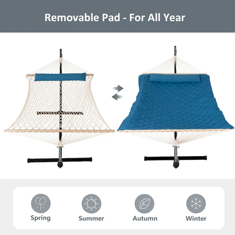 Double Hammock with Stand Included, Rope Hammock with Detachable Pillow and Hammock Pad, 450 LBS Weight Capacity, Blue