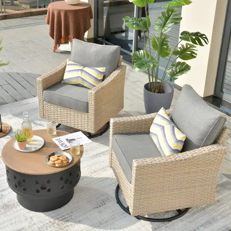 HOOOWOOO Outdoor 3-piece Rattan Wicker Swivel Rocking Chair Set with Wood Burning Fire Pit