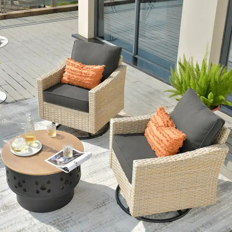 HOOOWOOO Outdoor 3-piece Rattan Wicker Swivel Rocking Chair Set with Wood Burning Fire Pit