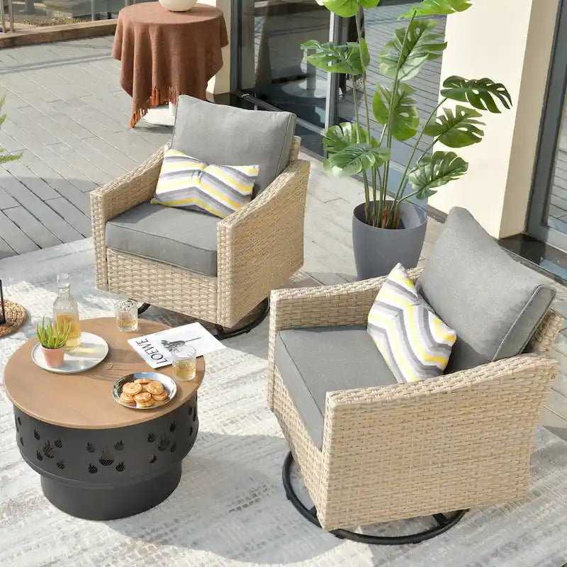HOOOWOOO Outdoor 3-piece Rattan Wicker Swivel Rocking Chair Set with Wood Burning Fire Pit