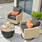 HOOOWOOO Outdoor 3-piece Rattan Wicker Swivel Rocking Chair Set with Wood Burning Fire Pit