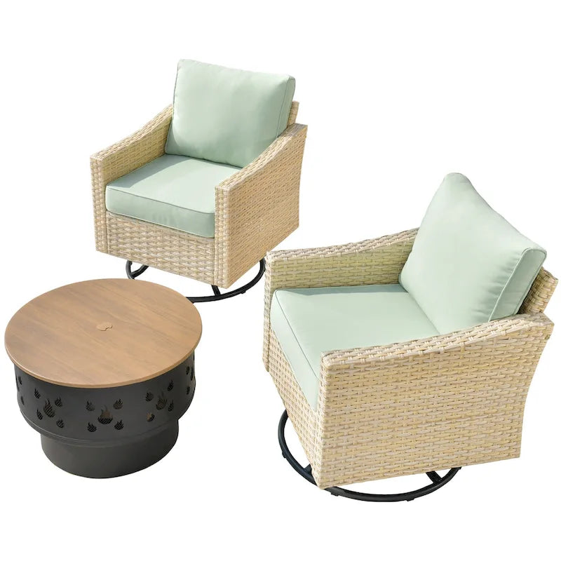 HOOOWOOO Outdoor 3-piece Rattan Wicker Swivel Rocking Chair Set with Wood Burning Fire Pit