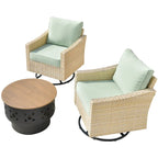 HOOOWOOO Outdoor 3-piece Rattan Wicker Swivel Rocking Chair Set with Wood Burning Fire Pit