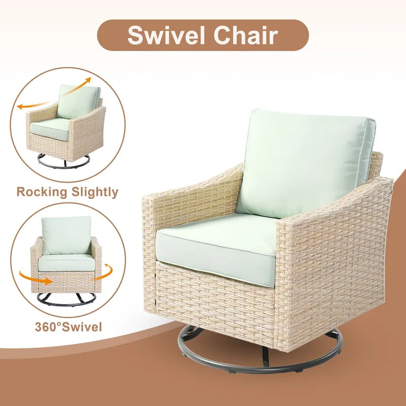 HOOOWOOO Outdoor 3-piece Rattan Wicker Swivel Rocking Chair Set with Wood Burning Fire Pit
