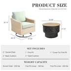 HOOOWOOO Outdoor 3-piece Rattan Wicker Swivel Rocking Chair Set with Wood Burning Fire Pit