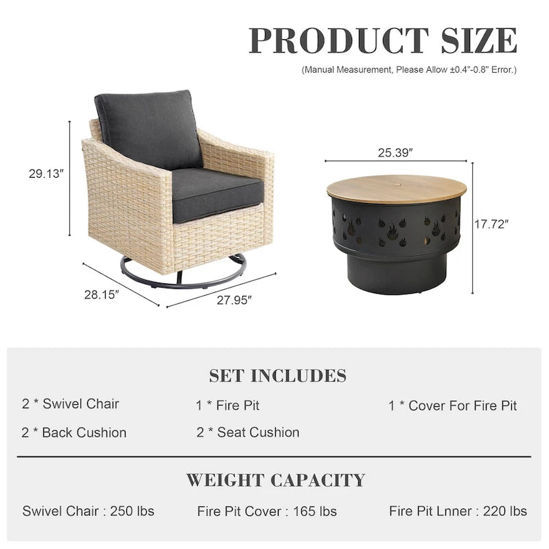 HOOOWOOO Outdoor 3-piece Rattan Wicker Swivel Rocking Chair Set with Wood Burning Fire Pit