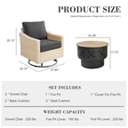 HOOOWOOO Outdoor 3-piece Rattan Wicker Swivel Rocking Chair Set with Wood Burning Fire Pit