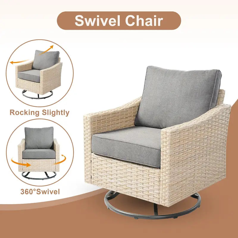 HOOOWOOO Outdoor 3-piece Rattan Wicker Swivel Rocking Chair Set with Wood Burning Fire Pit