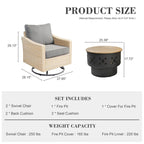 HOOOWOOO Outdoor 3-piece Rattan Wicker Swivel Rocking Chair Set with Wood Burning Fire Pit