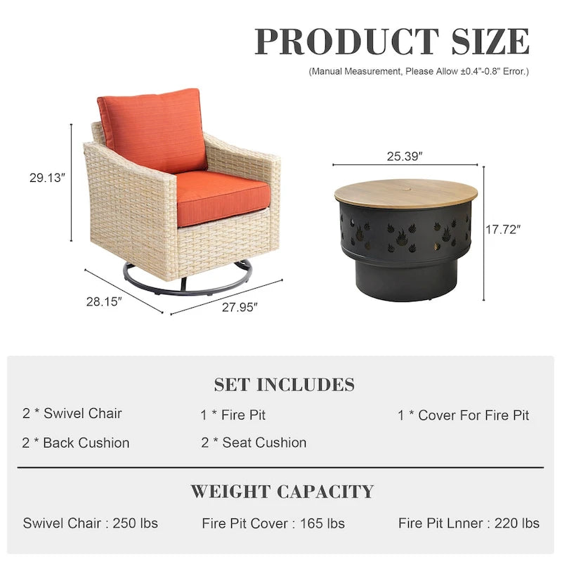 HOOOWOOO Outdoor 3-piece Rattan Wicker Swivel Rocking Chair Set with Wood Burning Fire Pit