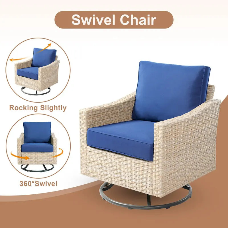HOOOWOOO Outdoor 3-piece Rattan Wicker Swivel Rocking Chair Set with Wood Burning Fire Pit