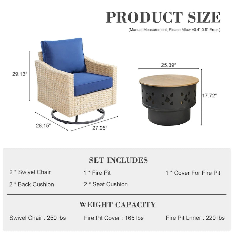 HOOOWOOO Outdoor 3-piece Rattan Wicker Swivel Rocking Chair Set with Wood Burning Fire Pit