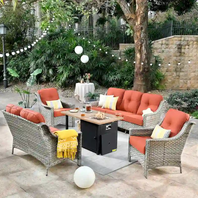 HOOOWOOO 5-piece Rattan Wicker High Back Patio Conversation Furniture Set