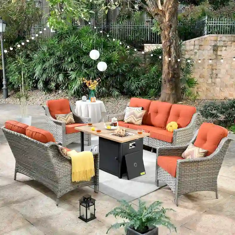 HOOOWOOO 5-piece Rattan Wicker High Back Patio Conversation Furniture Set
