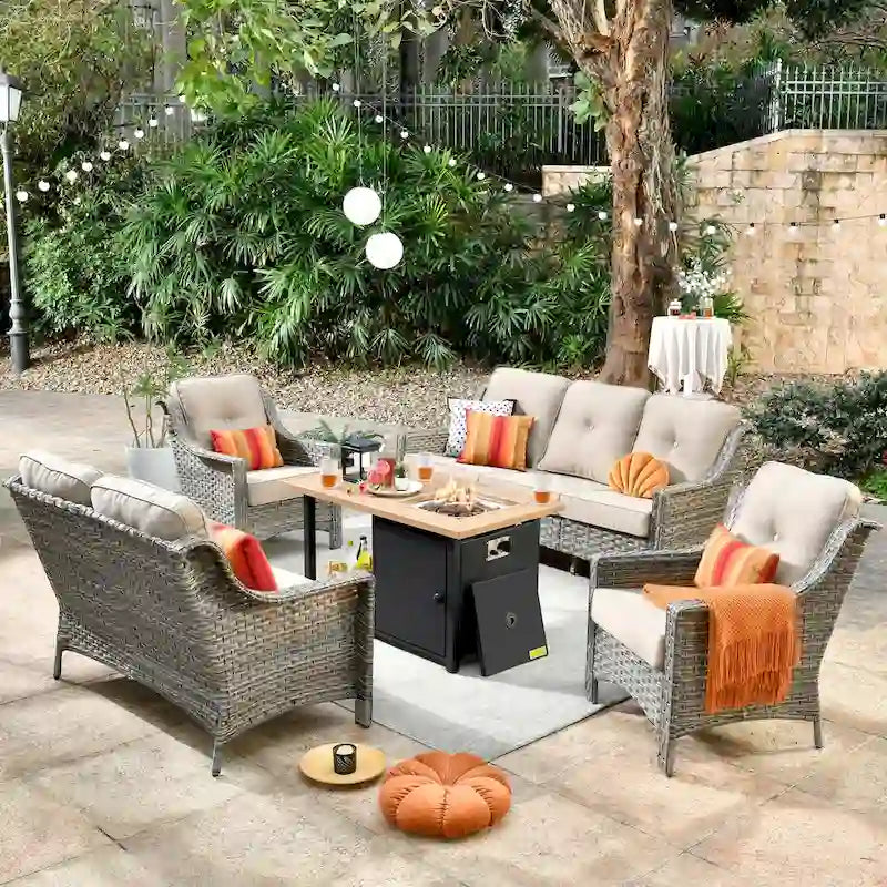 HOOOWOOO 5-piece Rattan Wicker High Back Patio Conversation Furniture Set