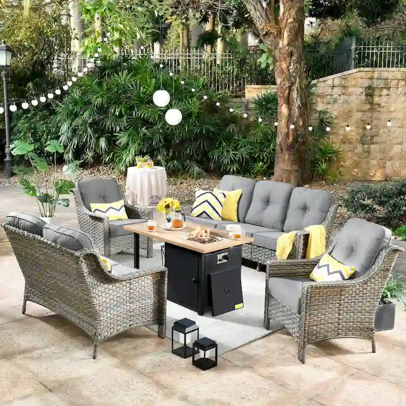 HOOOWOOO 5-piece Rattan Wicker High Back Patio Conversation Furniture Set