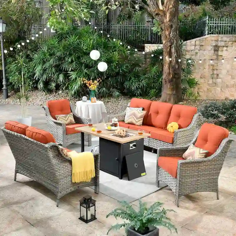 HOOOWOOO 5-piece Rattan Wicker High Back Patio Conversation Furniture Set