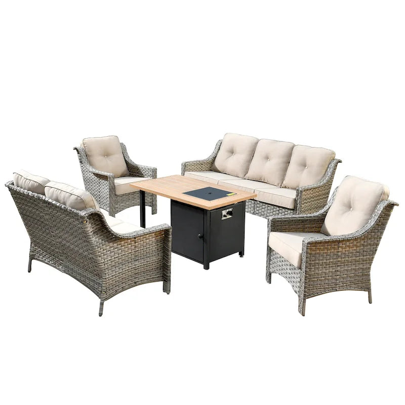 HOOOWOOO 5-piece Rattan Wicker High Back Patio Conversation Furniture Set
