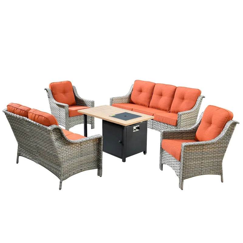 HOOOWOOO 5-piece Rattan Wicker High Back Patio Conversation Furniture Set