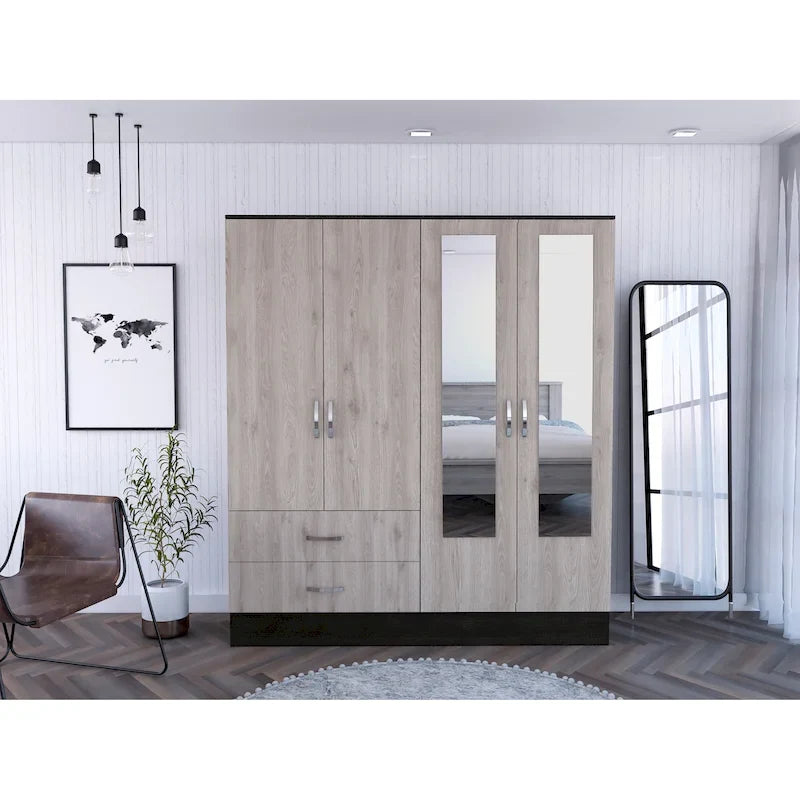 Bolton 160 Armoire with 9 Shelves, 2 Cabinets, Mirrors, 2 Drawers, and Rod - N/A