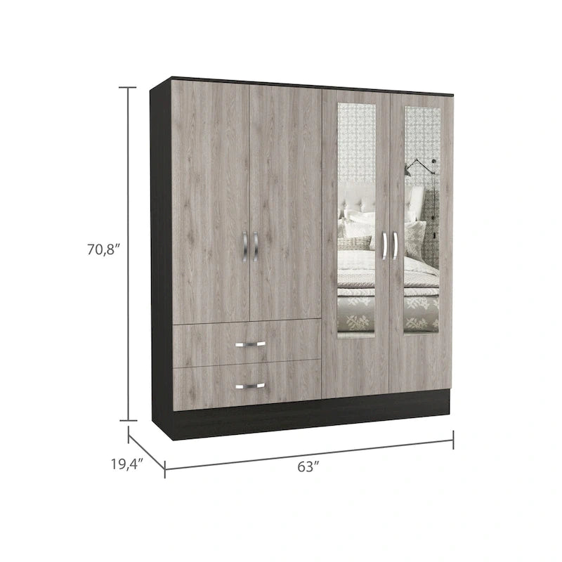 Bolton 160 Armoire with 9 Shelves, 2 Cabinets, Mirrors, 2 Drawers, and Rod - N/A