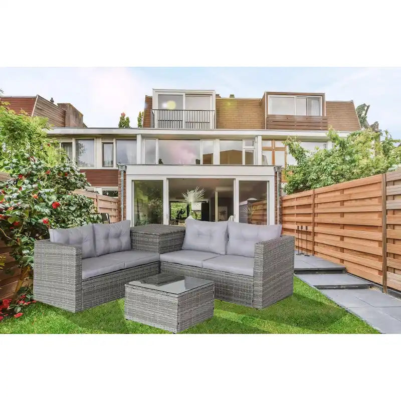 4 Piece Patio Sectional Wicker Rattan Outdoor Furniture Sofa Set with Storage Box Grey