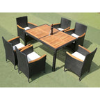 EELIFEE 7 piece Outdoor Patio Wicker Dining Set Patio Wicker Furniture Dining Set w/Acacia Wood Top