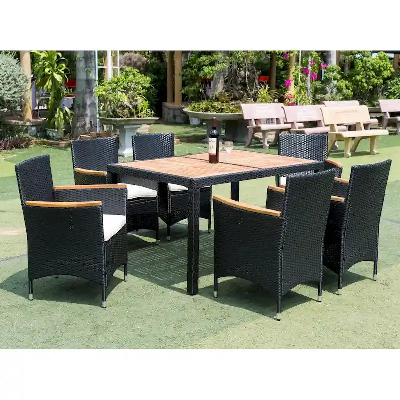 EELIFEE 7 piece Outdoor Patio Wicker Dining Set Patio Wicker Furniture Dining Set w/Acacia Wood Top
