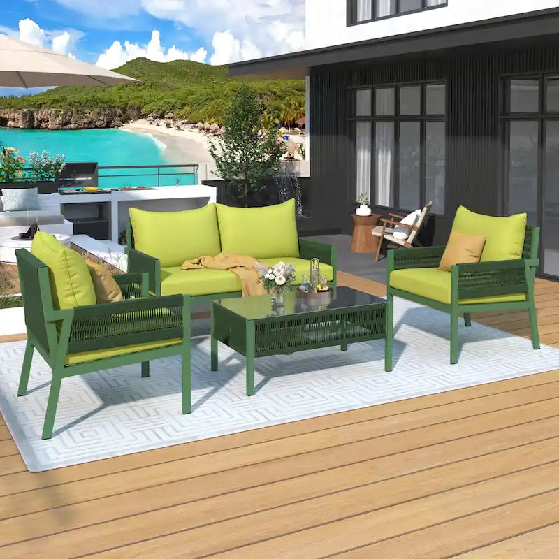 K&K 4-Piece Rope Patio Patio Conversation Set Deep Seating with Thick Cushion